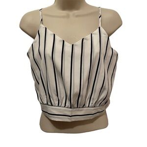 White with Black Striped Crop Halter Spaghetti Strap Shirt Women’s Small
